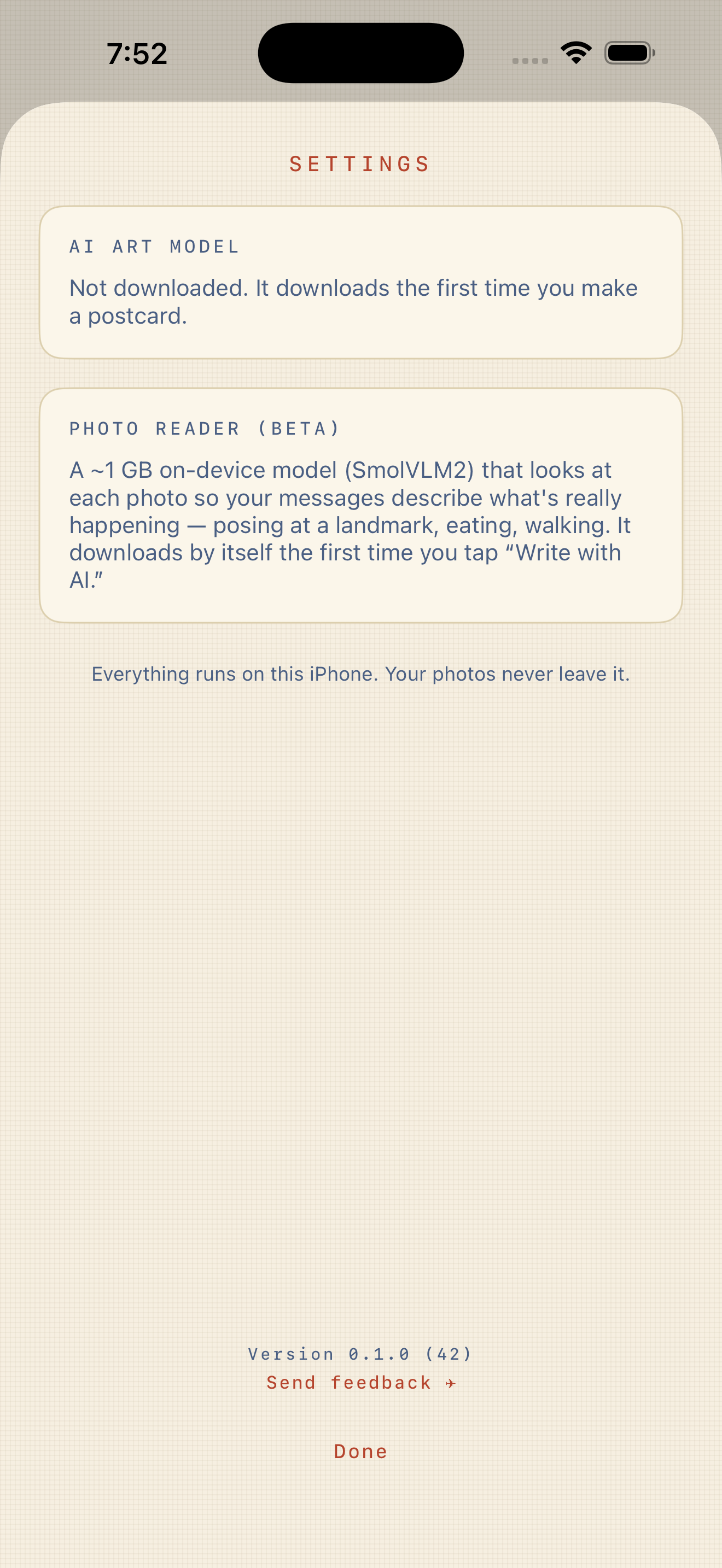Settings screen showing the on-device AI models and full user control